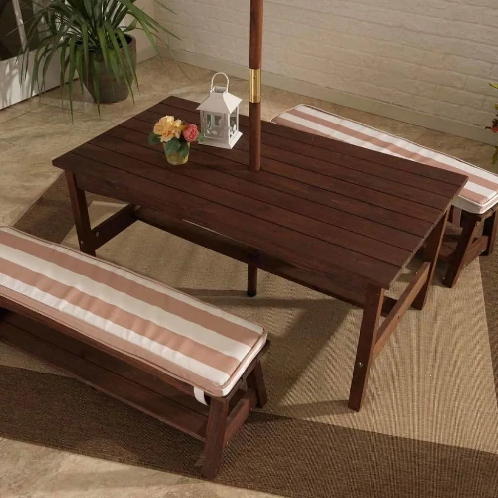 Outdoor Table & Bench Set with Cushions and Umbrella