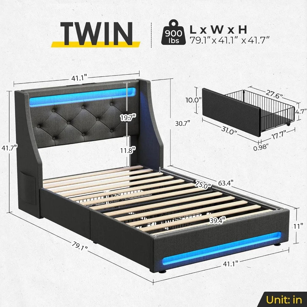 Bed Frame with LED Lights and Charging Station