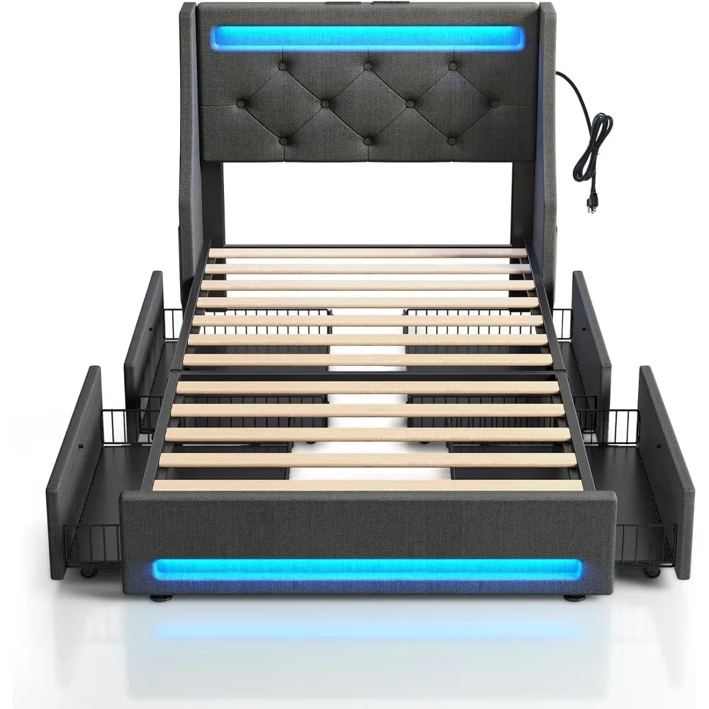 Bed Frame with LED Lights and Charging Station