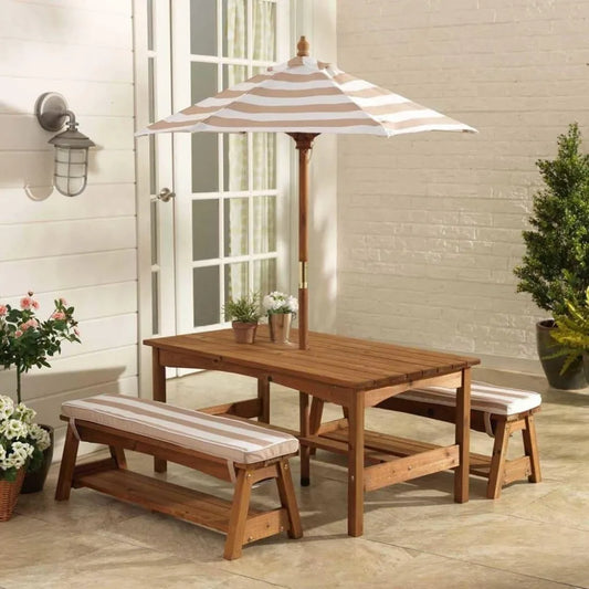 Outdoor Table & Bench Set with Cushions and Umbrella