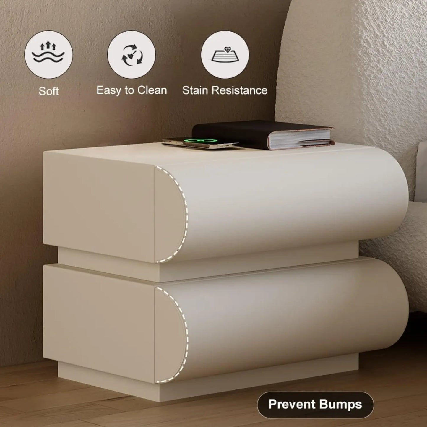 White Leather Nightstands with Wireless Charger