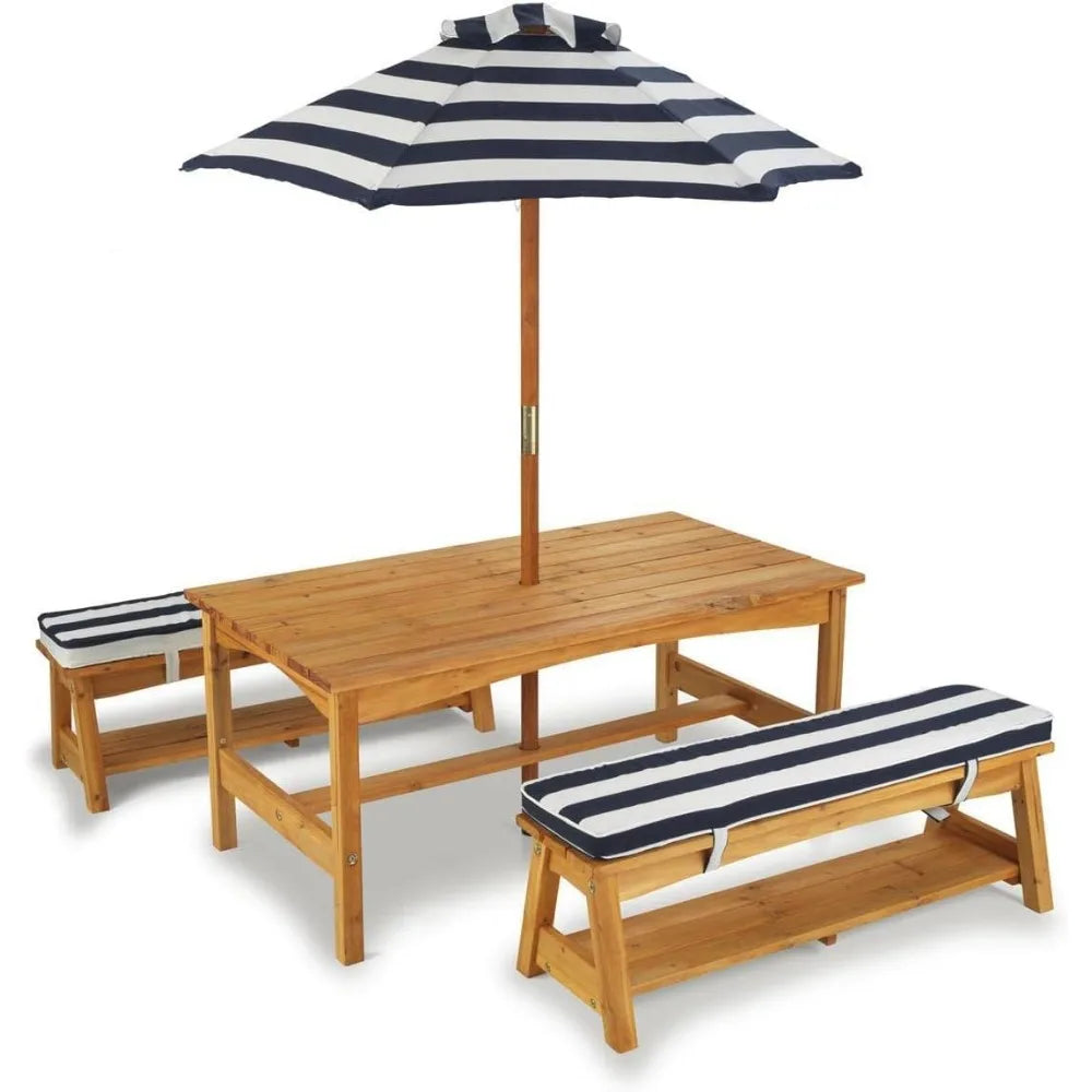 Outdoor Table & Bench Set with Cushions and Umbrella