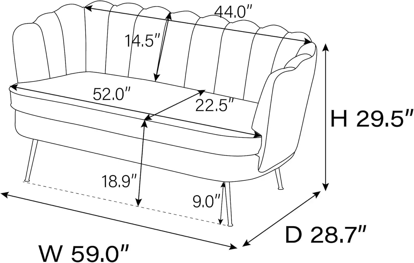 Couch 2-Seater Sofa with Gold Metal Legs