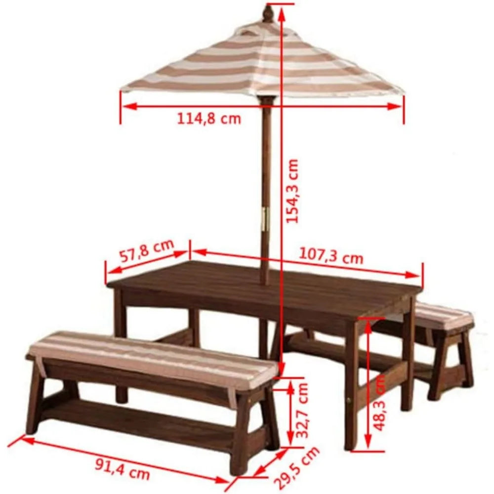 Outdoor Table & Bench Set with Cushions and Umbrella