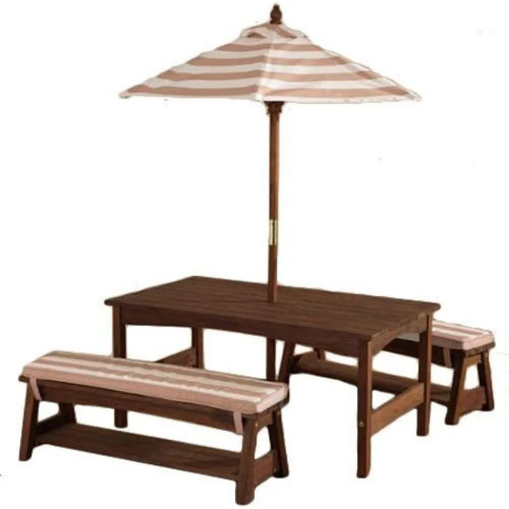 Outdoor Table & Bench Set with Cushions and Umbrella