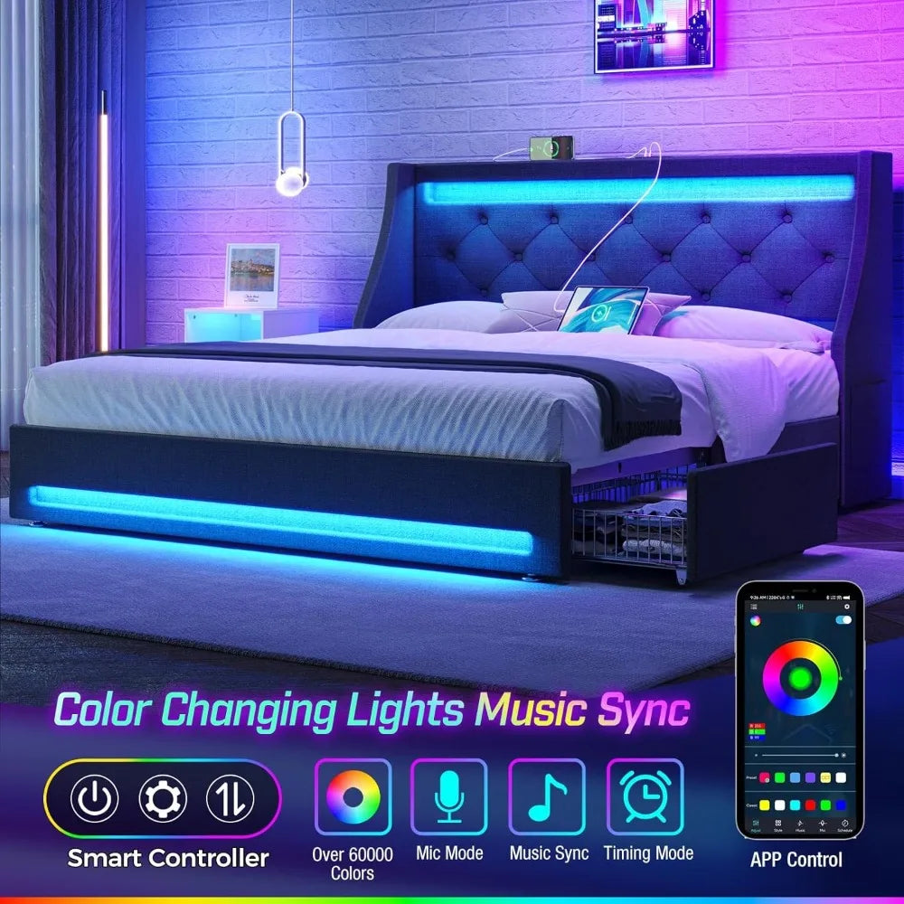 Bed Frame with LED Lights and Charging Station