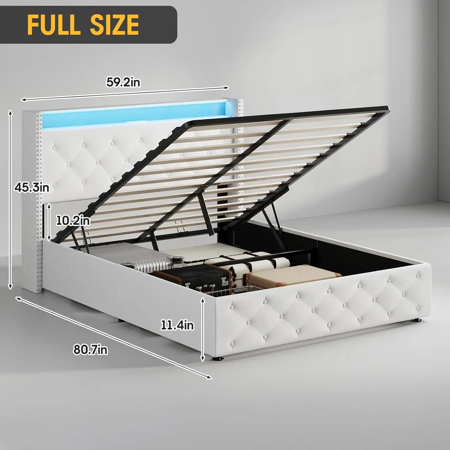 Full Size Bed Frame with LED Headboard & Lift Up Storage, Velvet Upholstered Platform Bed Frame with Led Ligh