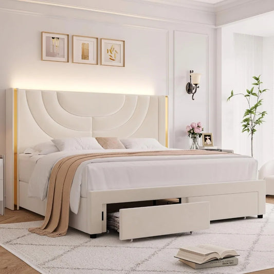 LED Queen Bed Frame with 2 Storage Drawers