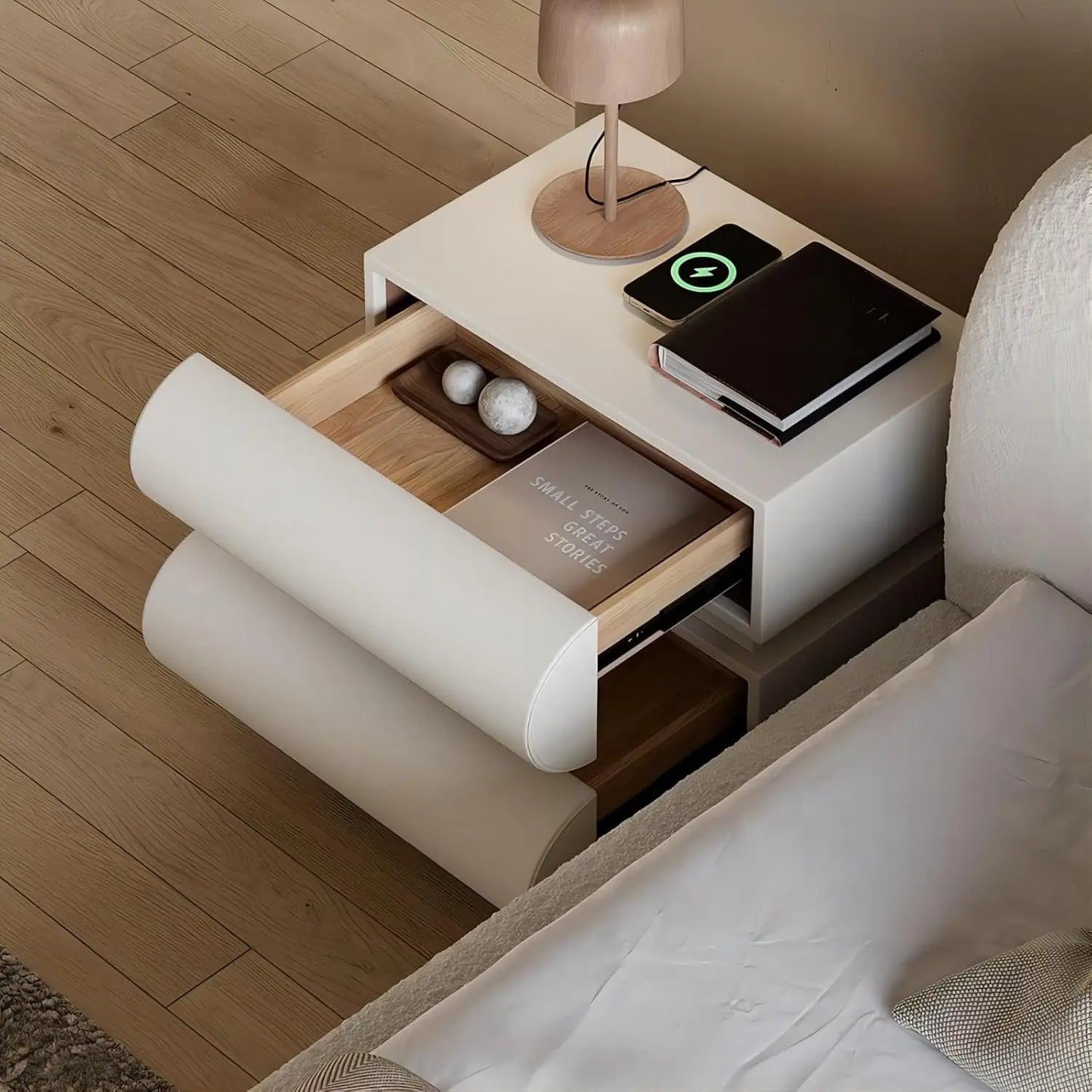 White Leather Nightstands with Wireless Charger