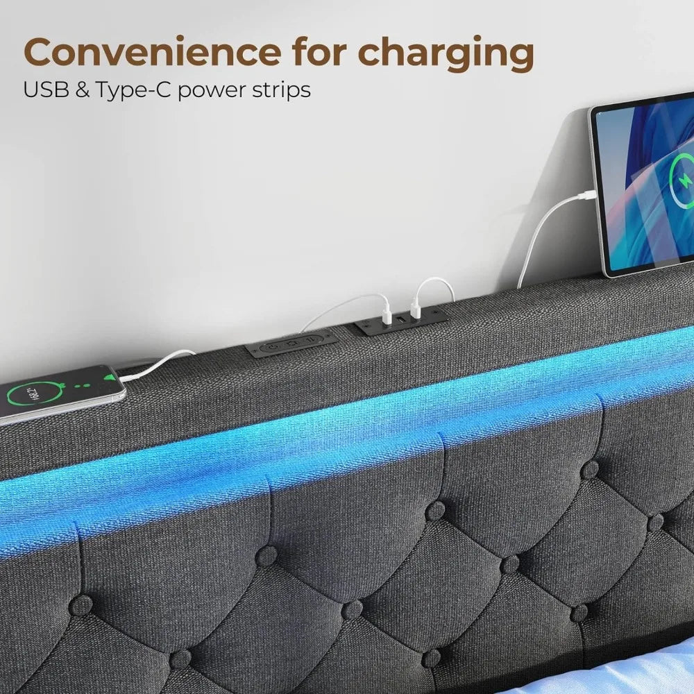 Bed Frame with LED Lights and Charging Station